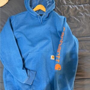 Carhartt Men's Hoodie in Vibrant Blue with Orange Logo